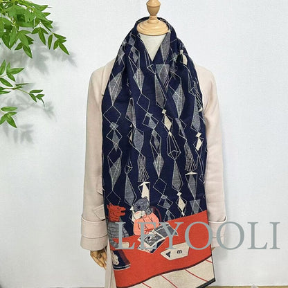 Art Animal Illustration Scarf: Diamond Plaid Patchwork, Navy Blue Orange Beige