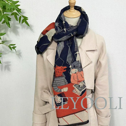Art Animal Illustration Scarf: Diamond Plaid Patchwork, Navy Blue Orange Beige