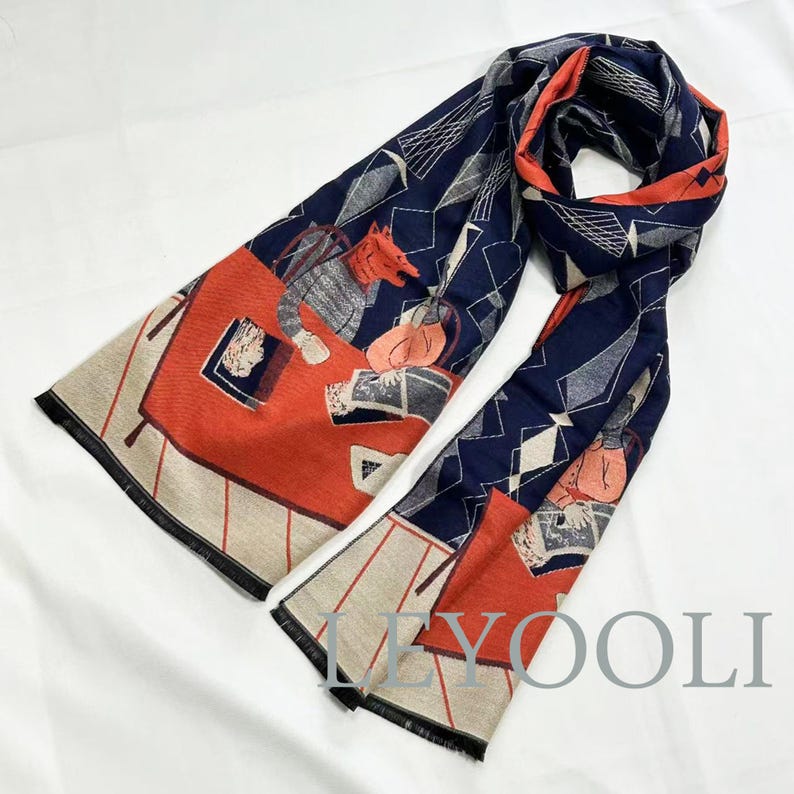 Art Animal Illustration Scarf: Diamond Plaid Patchwork, Navy Blue Orange Beige