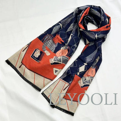 Art Animal Illustration Scarf: Diamond Plaid Patchwork, Navy Blue Orange Beige