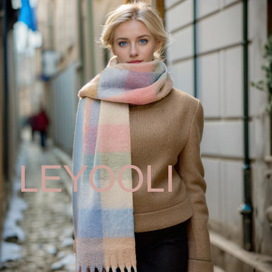 Powder Blue Plaid Wool Mohair Scarf: Color Block Winter Fashion