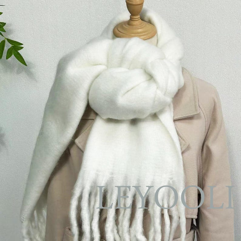 White Mohair Winter Scarf: Thickened Warm Solid Color