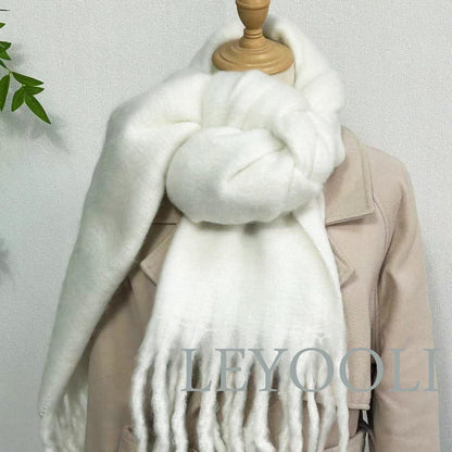 White Mohair Winter Scarf: Thickened Warm Solid Color