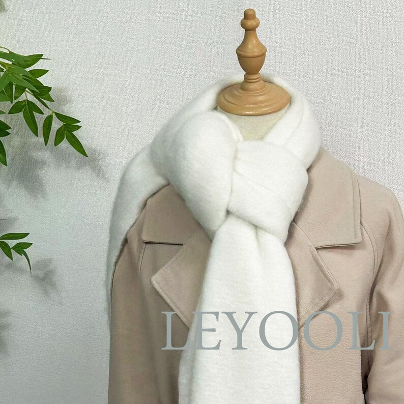 White Mohair Winter Scarf: Thickened Warm Solid Color