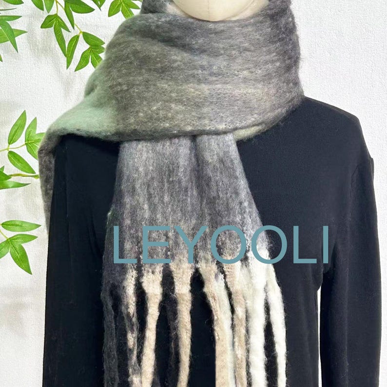 Mohair Plaid Scarf, Green White Black, Warm Winter Shawl