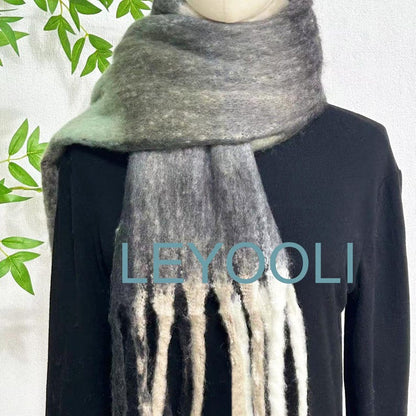 Mohair Plaid Scarf, Green White Black, Warm Winter Shawl