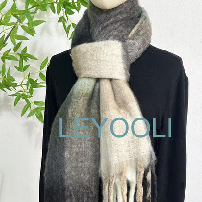 Mohair Plaid Scarf, Green White Black, Warm Winter Shawl
