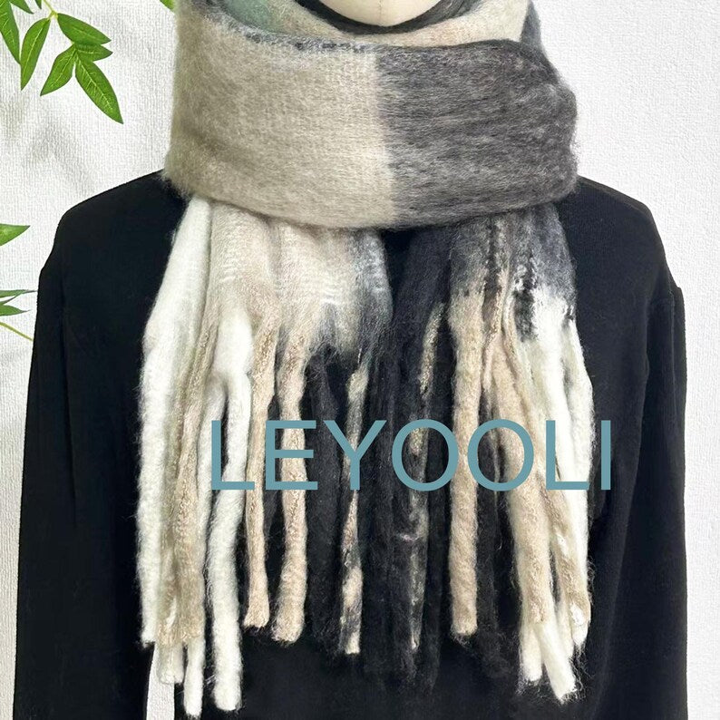 Mohair Plaid Scarf, Green White Black, Warm Winter Shawl