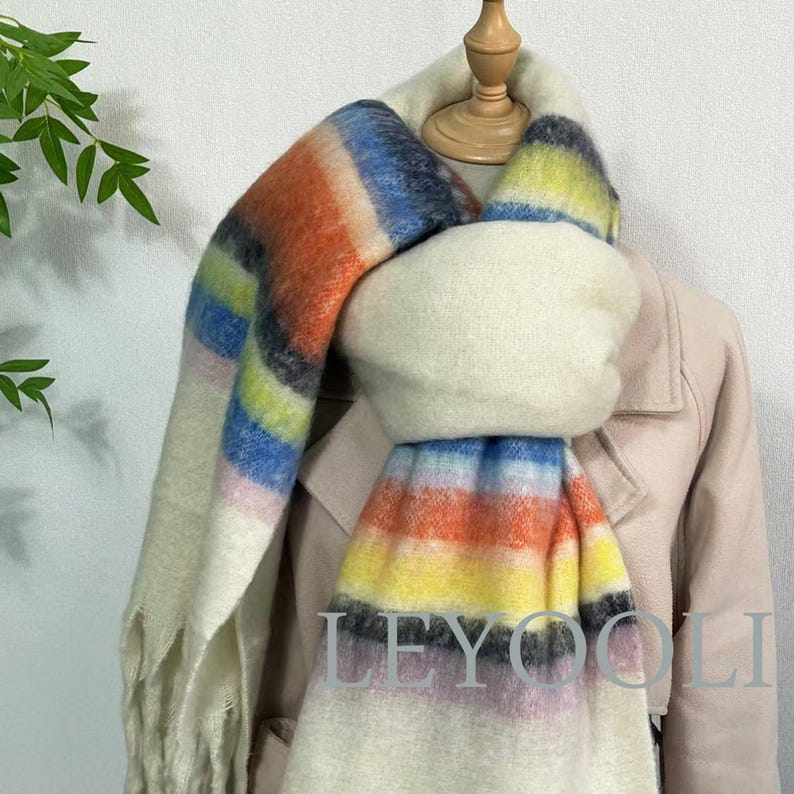 Rainbow Striped Mohair Scarf, Warm Winter Shawl, Fringed Plush Scarf