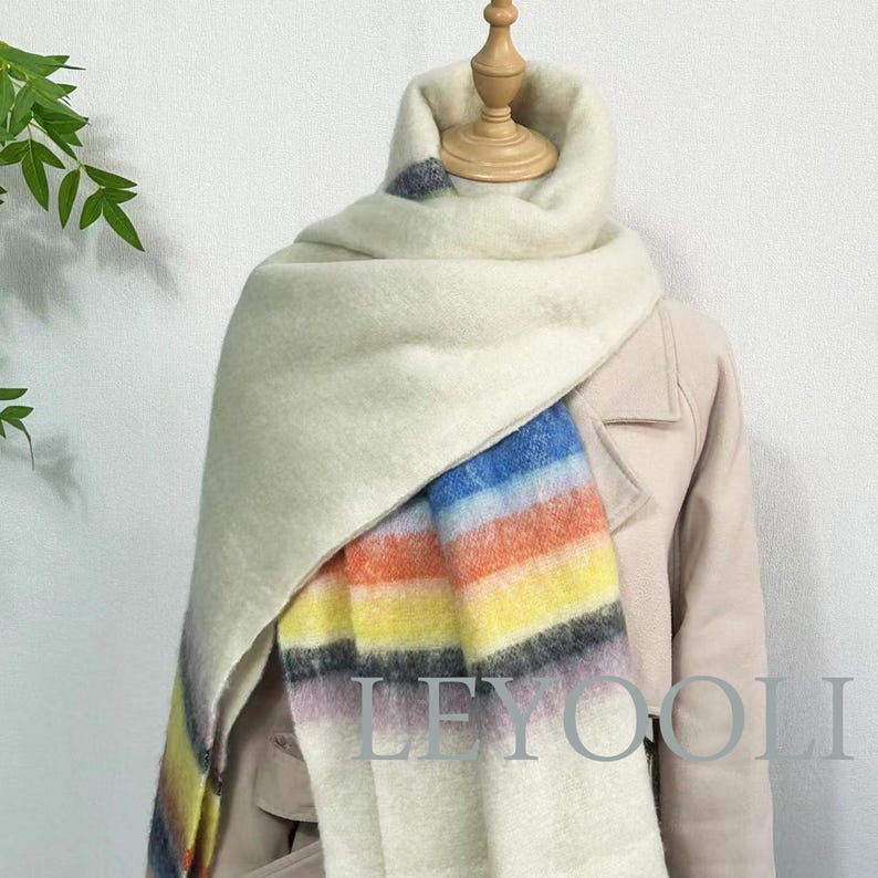 Rainbow Striped Mohair Scarf, Warm Winter Shawl, Fringed Plush Scarf