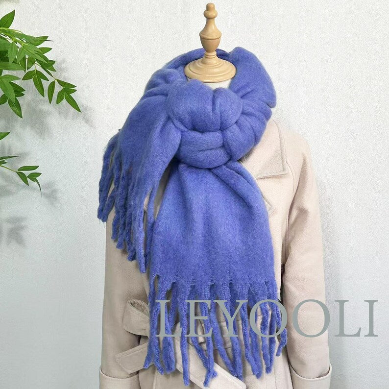 Purple Mohair Blend Scarf, Winter Tassel Scarf