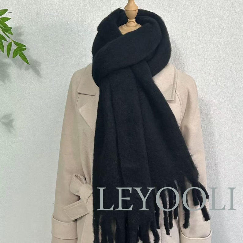 Black Mohair Blend Tassel Scarf, Winter Warm Scarf (200cm*45cm)