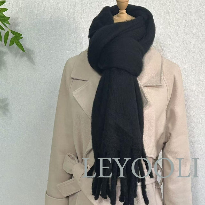 Black Mohair Blend Scarf, Winter Tassel Scarf