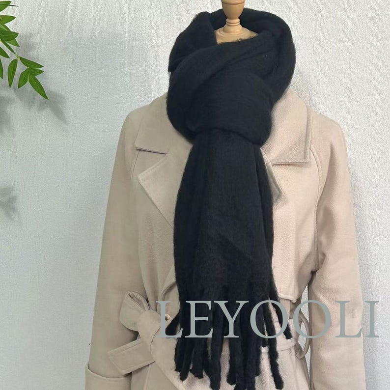 Black Mohair Blend Tassel Scarf, Winter Warm Scarf (200cm*45cm)