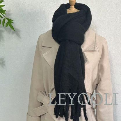 Black Mohair Blend Tassel Scarf, Winter Warm Scarf (200cm*45cm)