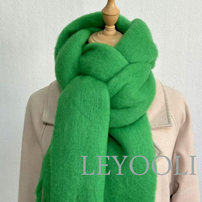 Green Mohair Blend Scarf, Warm Winter Tassel Scarf