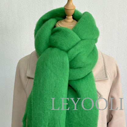 Green Mohair Blend Scarf: Warm Winter Tassel Scarf