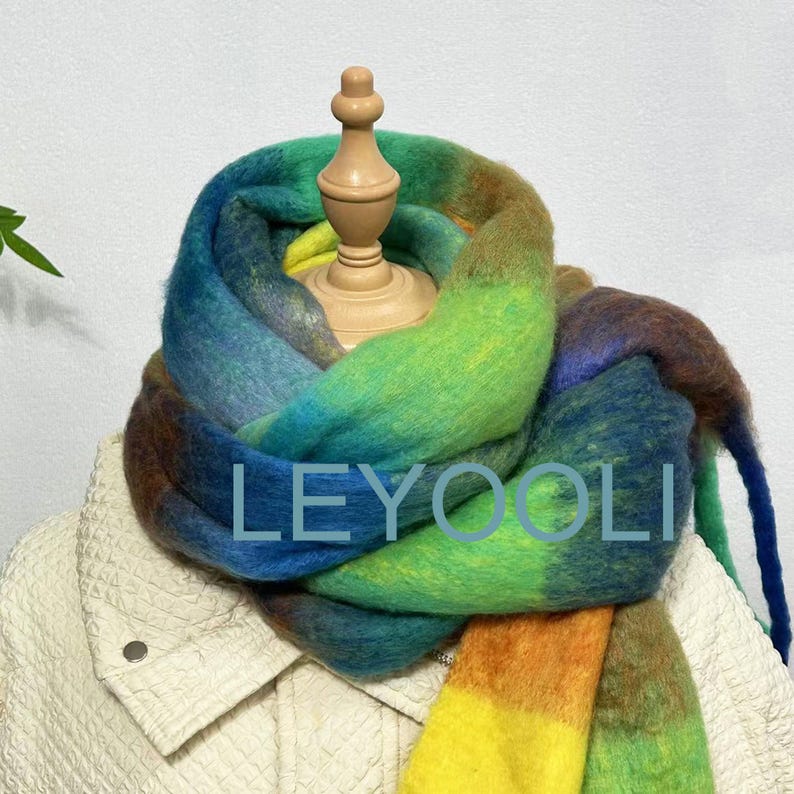 Rainbow Mohair Scarf: Soft Plaid Winter Accessory