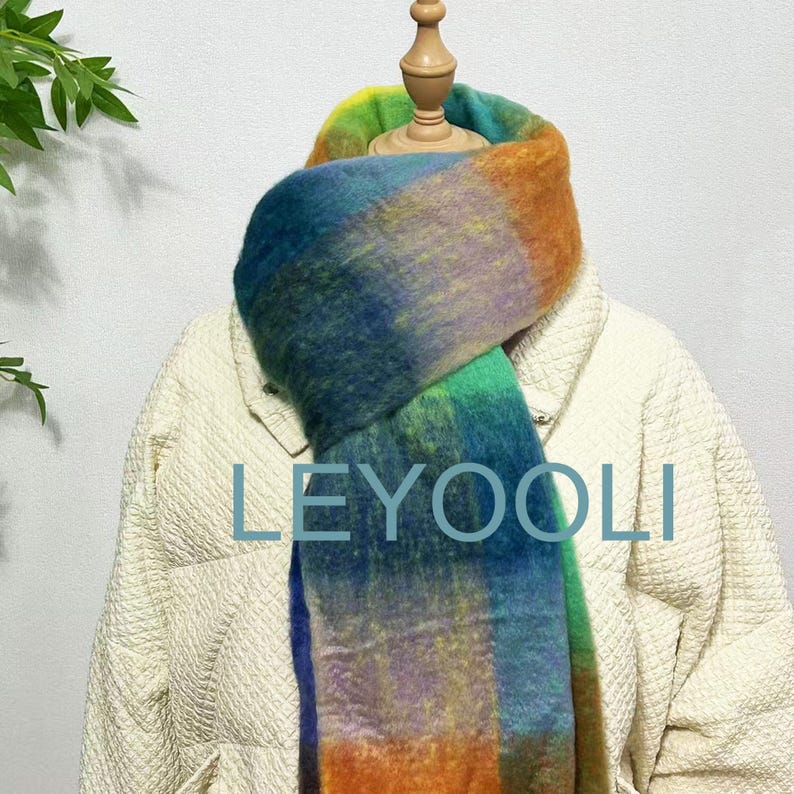 Rainbow Mohair Scarf: Soft Plaid Winter Accessory