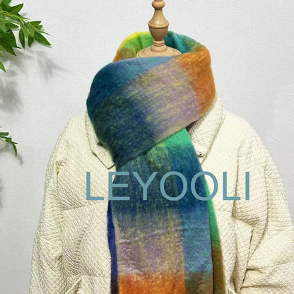 Rainbow Mohair Scarf: Soft Plaid Winter Accessory