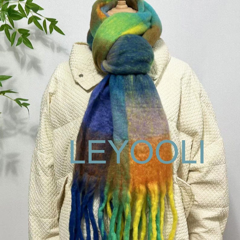 Rainbow Mohair Scarf: Soft Plaid Winter Accessory