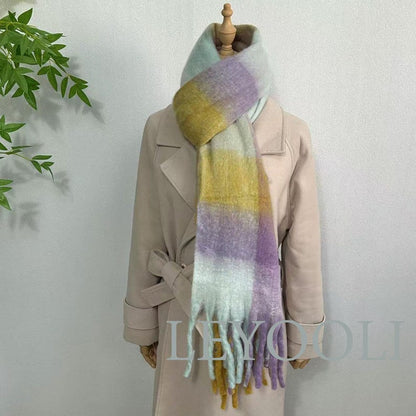 Mohair Plaid Scarf: Yellow Purple Rainbow Shawl