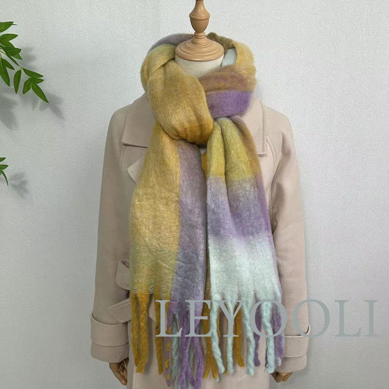 Mohair Plaid Scarf: Yellow Purple Rainbow Shawl