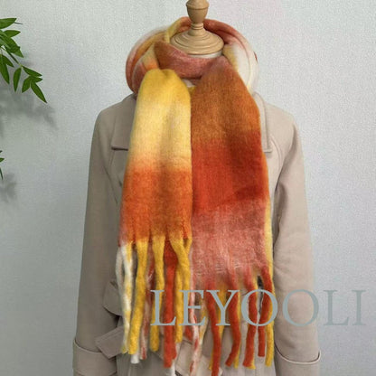 Reversible Orange Plaid Mohair Scarf, Warm Winter Shawl