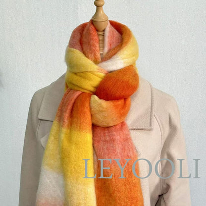 Reversible Orange Plaid Mohair Scarf, Warm Winter Shawl