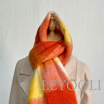 Reversible Orange Plaid Mohair Scarf, Warm Winter Shawl