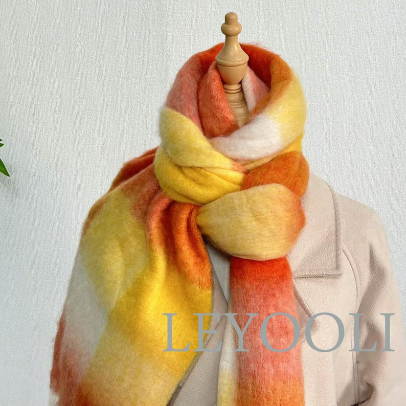 Reversible Orange Plaid Mohair Scarf, Warm Winter Shawl