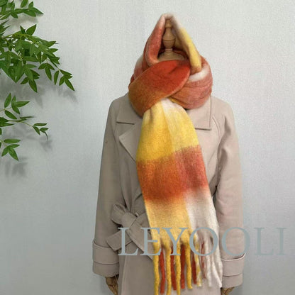 Reversible Orange Plaid Mohair Scarf, Warm Winter Shawl