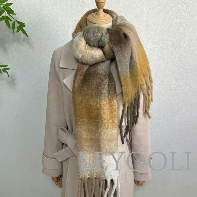 Brown Plaid Mohair Scarf, Warm Winter Shawl