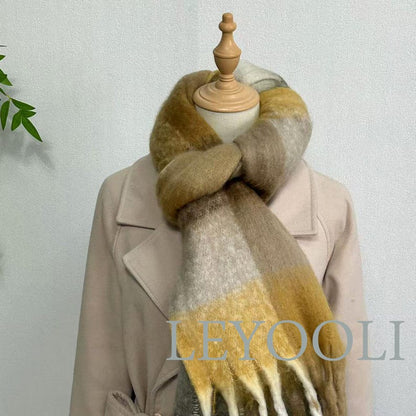 Brown Plaid Mohair Scarf, Warm Winter Shawl