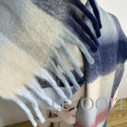 Blue Gray Plaid Mohair Blend Scarf, Warm Winter Shawl