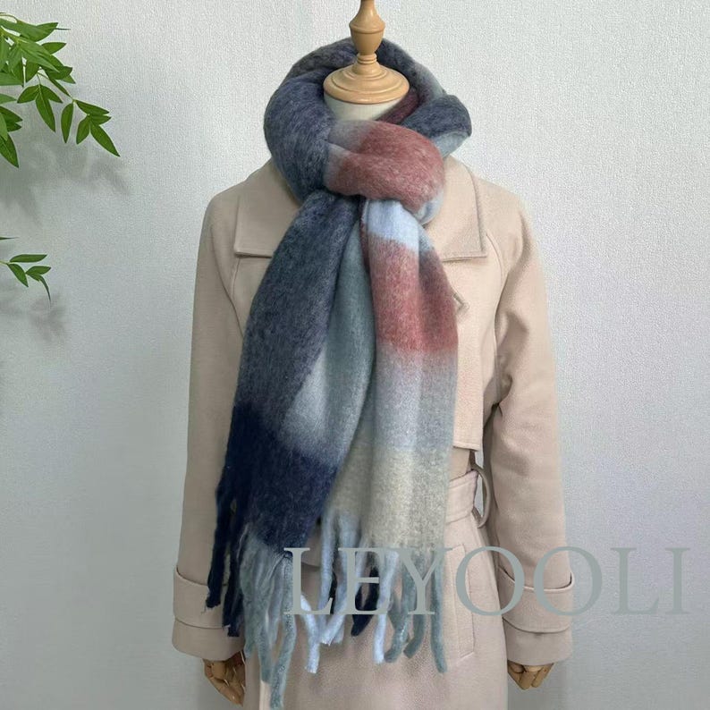 Blue Gray Plaid Mohair Blend Scarf, Warm Winter Shawl