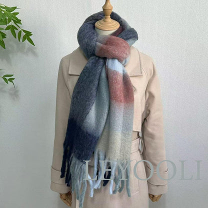 Blue Gray Plaid Mohair Blend Scarf, Warm Winter Shawl