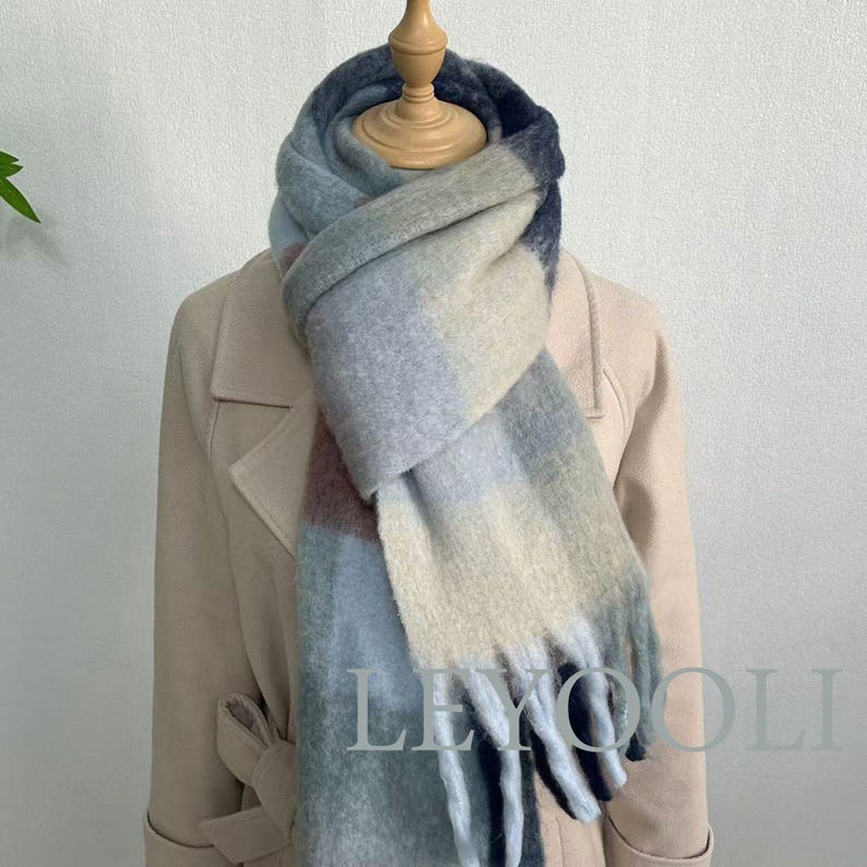 Blue Gray Plaid Mohair Blend Scarf, Warm Winter Shawl