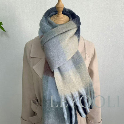 Blue Gray Plaid Mohair Blend Scarf, Warm Winter Shawl