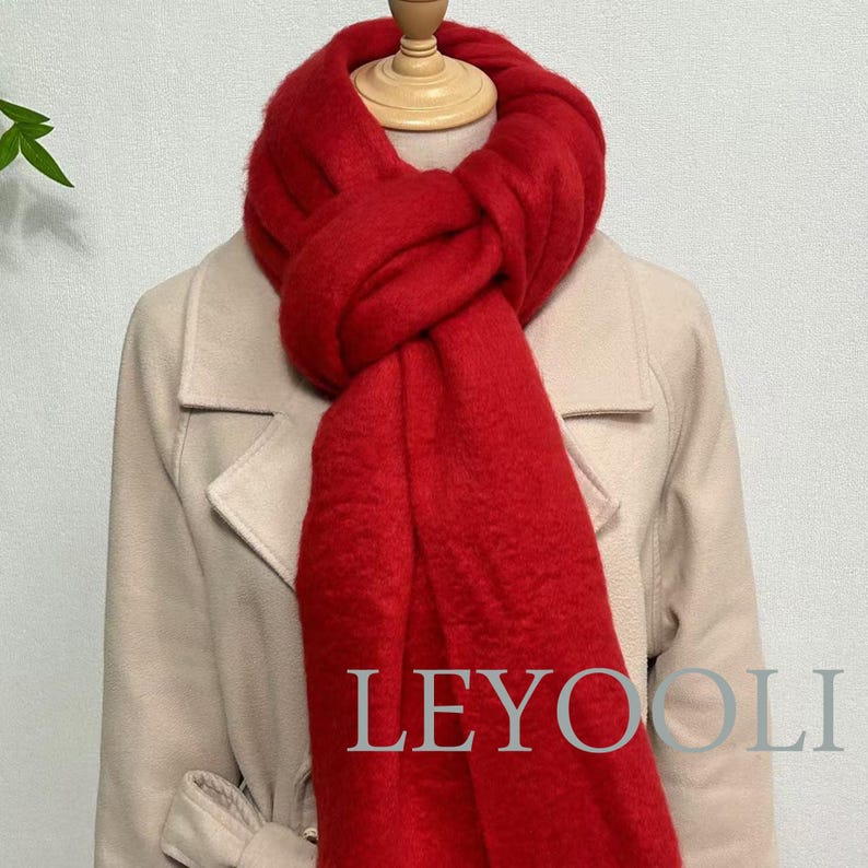 Red Mohair Blend Winter Scarf, Tassel Fringe