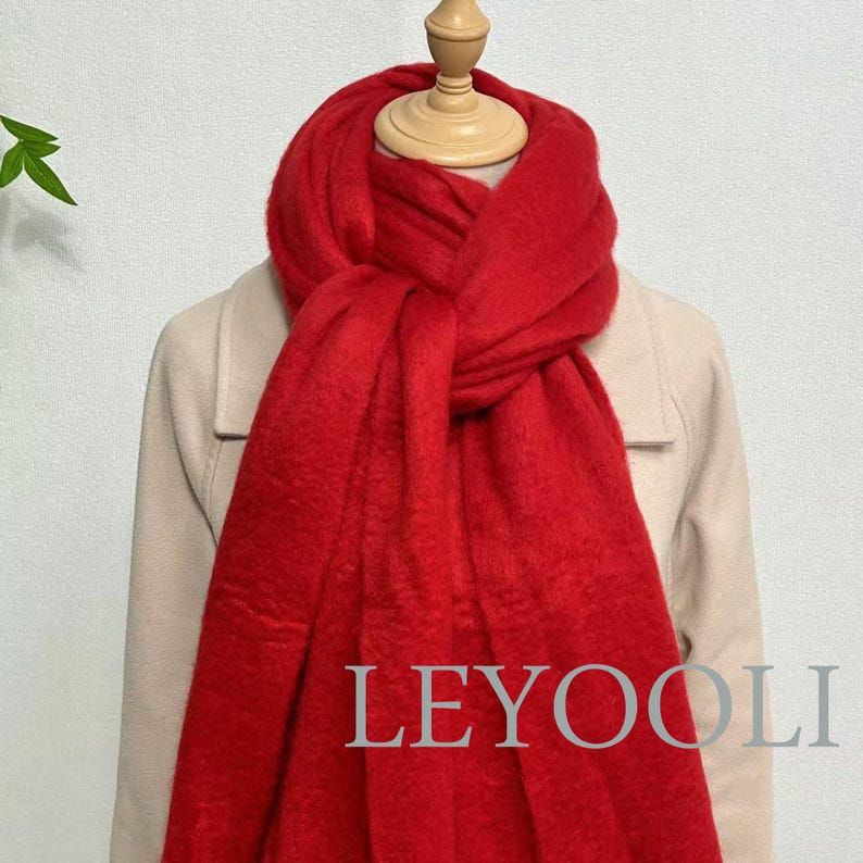 Red Mohair Blend Winter Scarf, Tassel Fringe