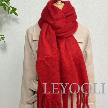 Red Mohair Blend Winter Scarf, Tassel Fringe