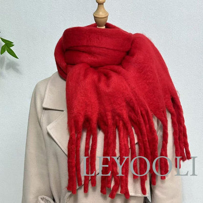 Red Mohair Blend Winter Scarf, Tassel Fringe