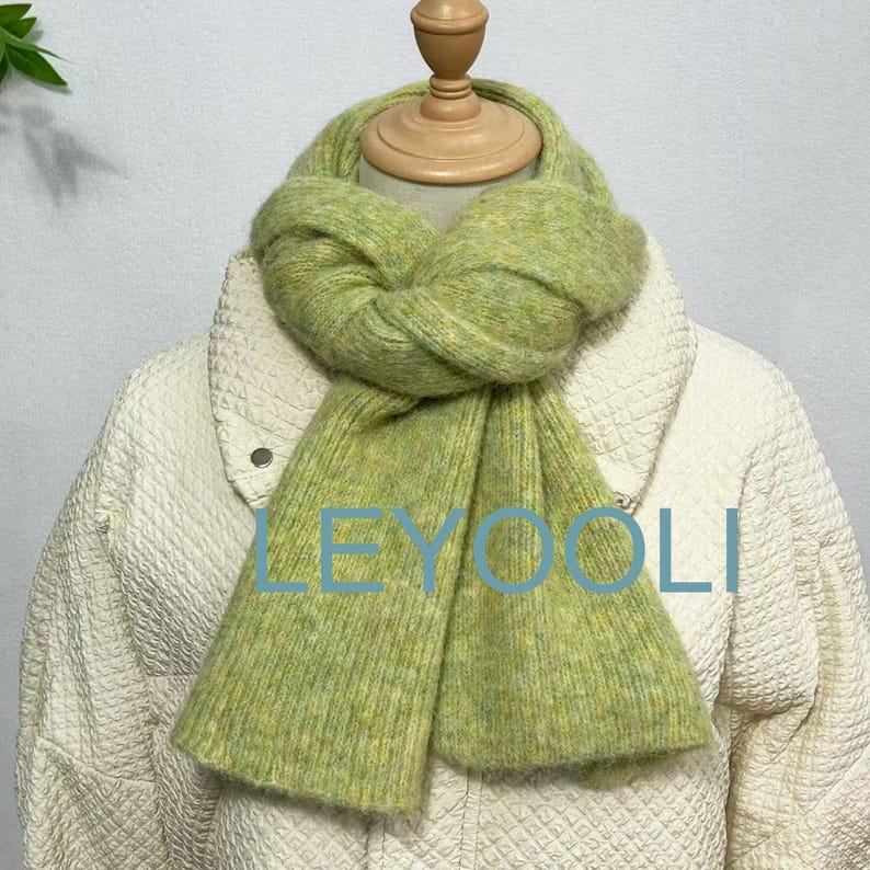 Handmade Green Wool Knit Scarf, Warm Winter Accessory
