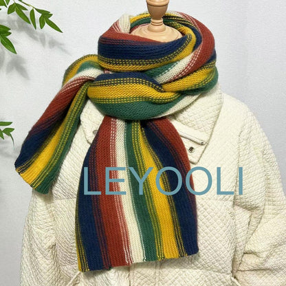 Rainbow Knitted Scarf, Colorful Wool Blend, Winter Warm Shawl