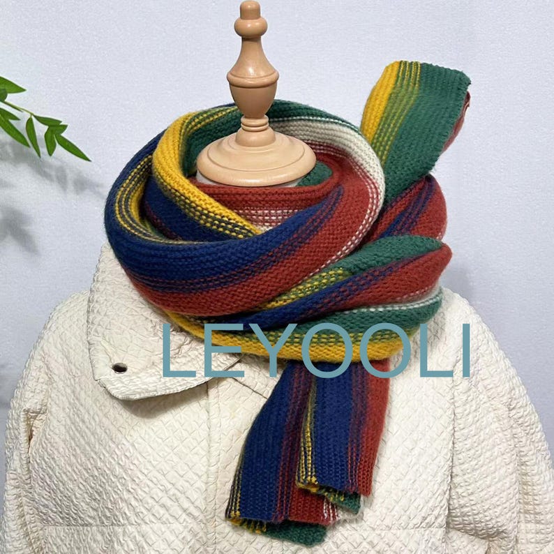 Rainbow Knitted Scarf, Colorful Wool Blend, Winter Warm Shawl