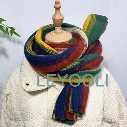 Rainbow Knitted Scarf, Colorful Wool Blend, Winter Warm Shawl