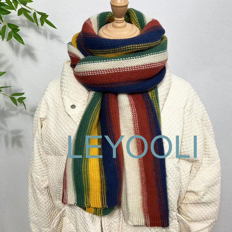 Rainbow Knitted Scarf, Colorful Wool Blend, Winter Warm Shawl