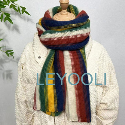 Rainbow Knitted Scarf, Colorful Wool Blend, Winter Warm Shawl