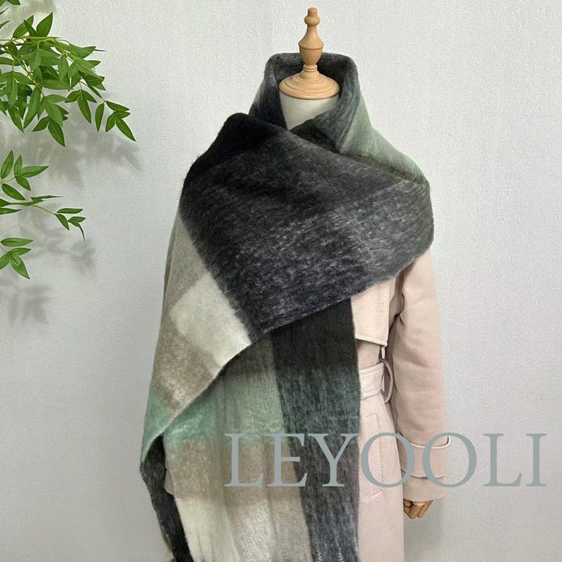 Green Plaid Mohair Scarf, Classic Warm Shawl